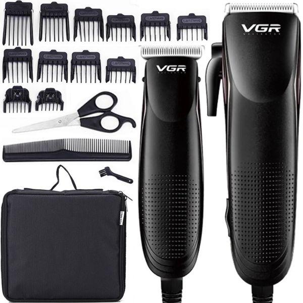 A set of two VGR V-023 2-in-1 rechargeable hair and beard clippers, a wired trimmer with a set of removable attachments in the V023 bag