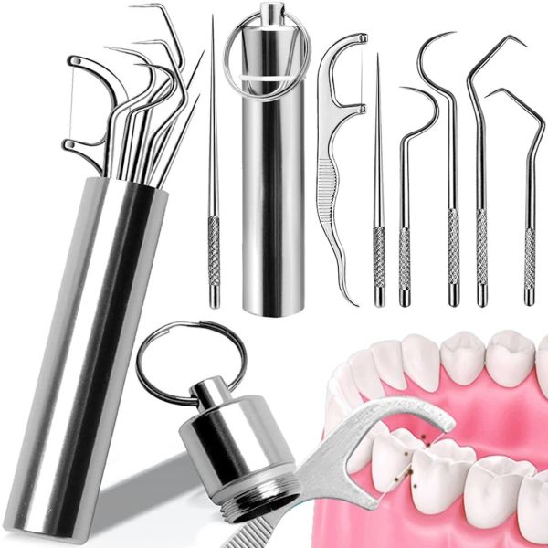 Набор для чистки зубов Dental Toothpick Set 7 в 1 портативный комплект инструментов зубочисток для ухода за полостью рта в металлическом футляре