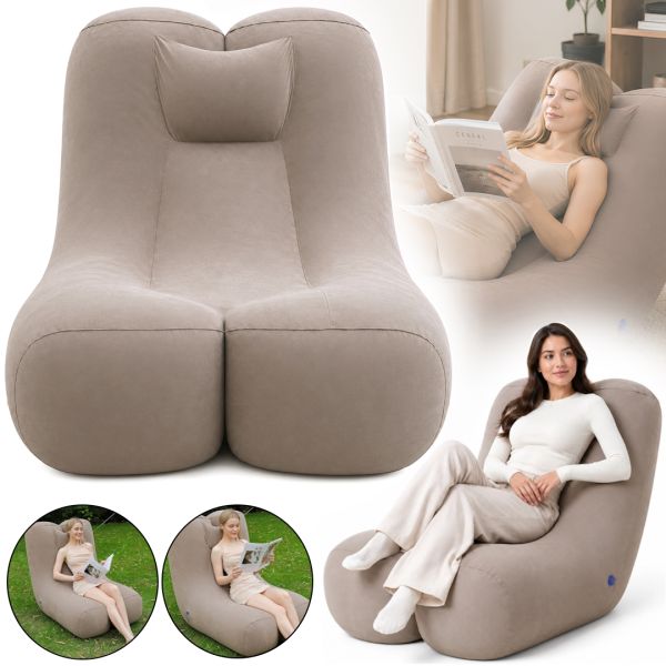 Inflatable Lounge Chair DL-484 (up to 115 kg) for Relaxation—Single-Seater Frameless Sofa with Headrest, 115×96×75 cm, Beige