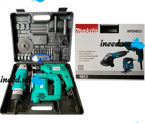 Шуруповерт Makita 3 в 1 универсальный набор электроинструментов дрель HP1630, лобзик 9558HN, болгарка 4329 с набором инструментов в кейсе  