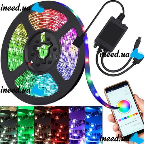 USB Bluetooth светодиодная лента Rope-Lights RGB SMD5050 5 м IP65 с управлением от телефона разноцветная с контролером в силиконе Черная SMD-5050