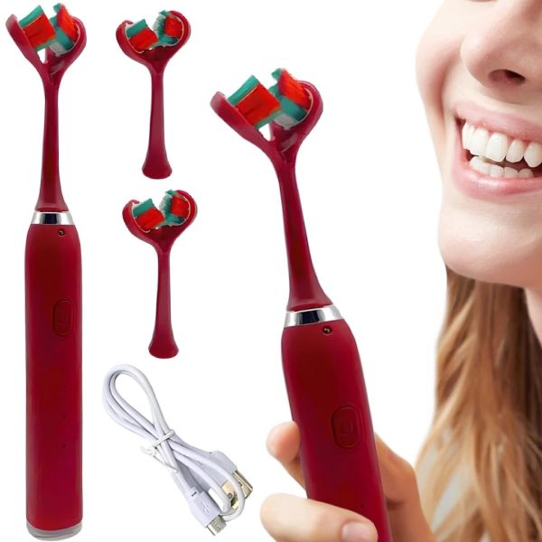 Аккумуляторная зубная щетка Electric Toothbrush с двойной головкой, электрическая ультразвуковая электрощетка на 3 режима для чистки зубов Красная