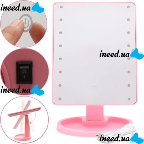 Косметическое сенсорное зеркало для макияжа Magic MakeUp Mirror вращается на 180 настольное зеркало на подставке с подсветкой 22 LED USB Розовое