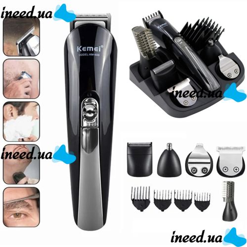 Rechargeable electric shaver, clipper, Kemei KM-600 trimmer for cutting hair, beard, nose and ears, 11 in 1 body kit with attachments, razor trimmer