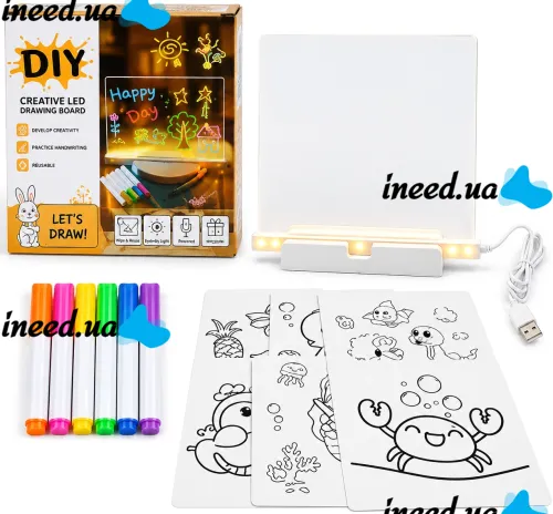 Acrylic LED Drawing Board T-466: LED Table Lamp on a Stand with Backlight and Markers for Notes, 15 x 15 cm, USB