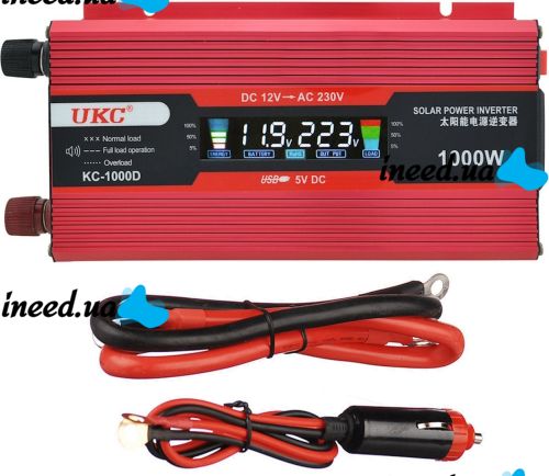 Автомобильный инвертор UKC 12V-220V 1000W KC-1000D авто преобразователь напряжения тока с LCD дисплеем от прикуривателя, аккумулятора с экраном