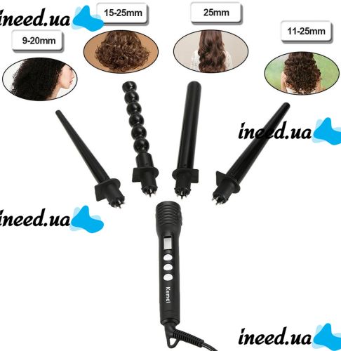 Kemei KM-4083 4-in-1 cone curling iron for curling hair, spiral styler with replaceable nozzles multi-styler with ceramic coating curling iron