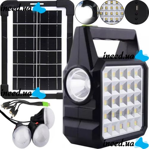 Автономная солнечная зарядная станция Solar GDlite GD-105 Power Bank с солнечной панелью и 3 LED лампочки, Прожектор фонарь с функцией повербанка