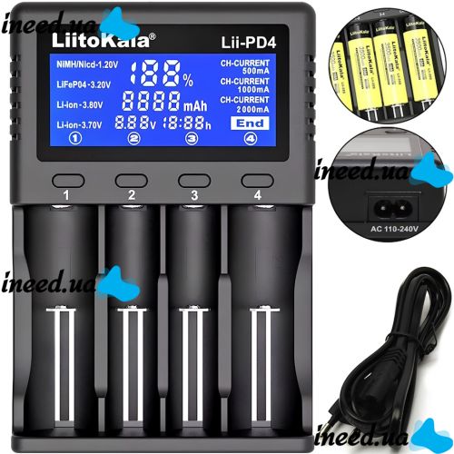 Зарядний пристрій для акумуляторів LiitoKala Lii-PD4 універсальна зарядка c LCD дисплеєм індикатором для батарейок 18650 на 4 акумулятори