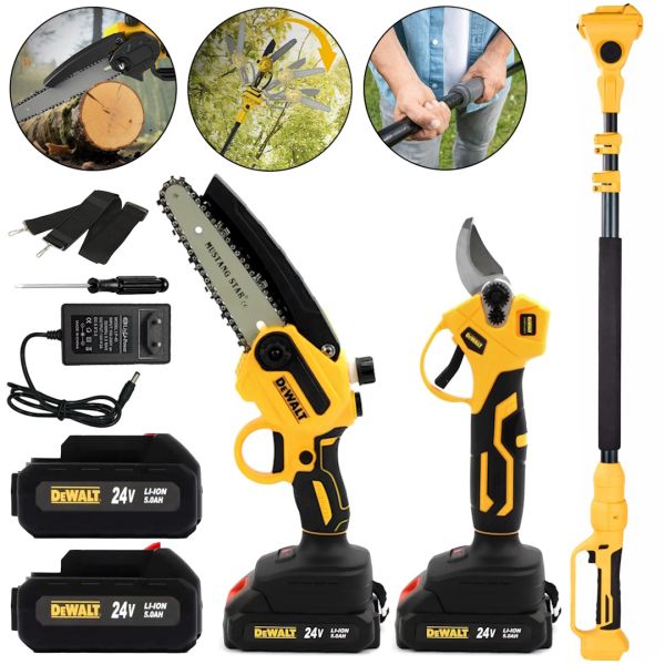 Набор электроинструментов DeWalt 24V 3в1 аккумуляторный секатор DCMPP540P1 пила DCM160N и телескопический удлинитель 130-201 см с 2 аккумуляторами