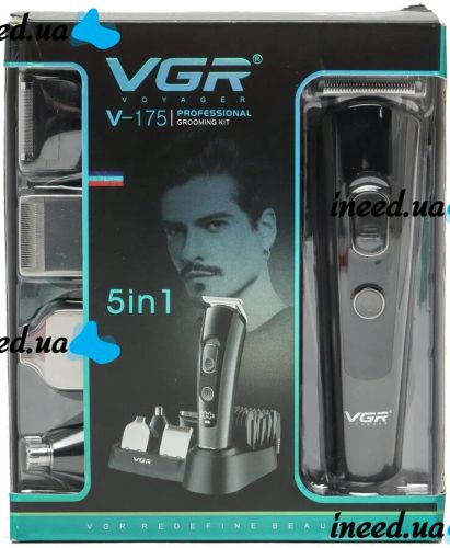 Wireless Rechargeable VGR V-175 Hair Clipper 5 in 1 Male Edging USB Beard and Mustache Trimmer with Replaceable Nozzles V175