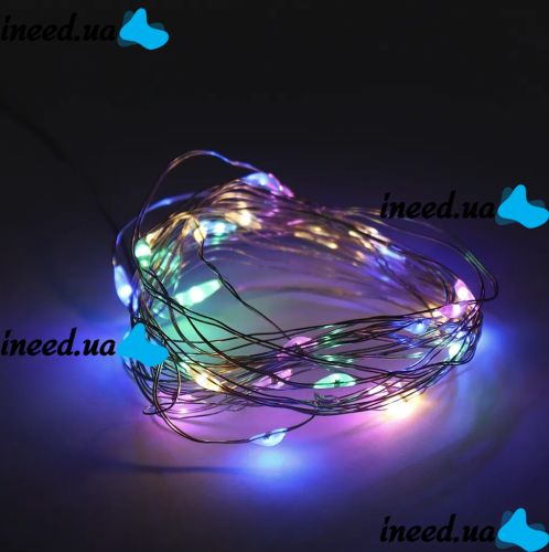 Внутренняя цветная гирлянда Роса RGB 5 м нить капля росы на медной проволоке 50 диодов, LED светодиодная новогодняя гирлянда-нить на батарейках M