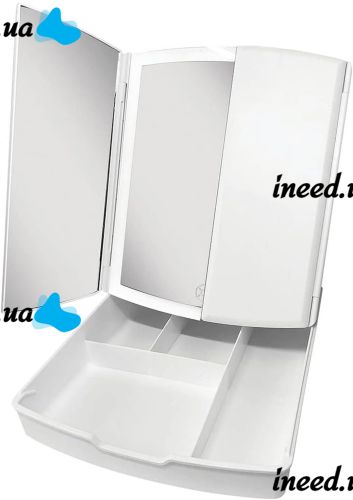 Desktop Triple Mirror with Magnification My Fold Away MA-17 Cosmetic Organizer for Storing Cosmetics and Battery-powered Makeup Backlight