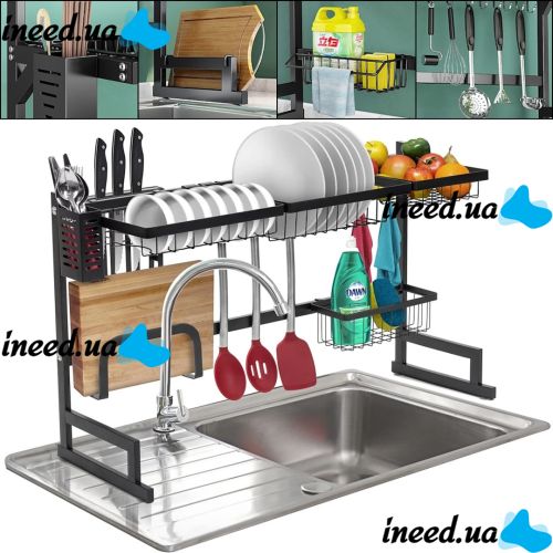 Сушарка для зберігання посуду над раковиною Storage Shelf Sink Rack XL - 738 двоярусна полиця для сушіння, настільний органайзер на мийку XY-6203 Чорний