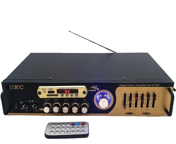 Стерео усилитель мощности звука UKC AV-121BT 200W, Пятиканальный портативный стереоусилитель с караоке на 2 микрофона, FM радио и Bluetooth USB