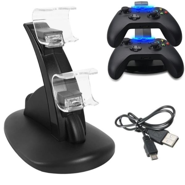 Зарядная подставка док станция для геймпадов XBOX ONE/ONE S/ONE X на 2 джойстика, Зарядное устройство для зарядки геймпадов с подсветкой Черная