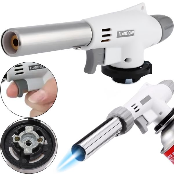 Flame Gun 920 Portable Gas Burner with Piezo Ignition—a camping torch for gas cartridges, handheld gas soldering iron with automatic piezo ignition