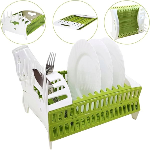 Dish Dryer Organizer Compact Dish Rack Folding Table Dryer for Forks and Spoons, Plastic Kitchen Organizer Dryer Green and White