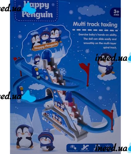 Дитячий музичний трек Happy Penguin 3011 гірка з пінгвінами, автоматичний підйомник зі звуковими ефектами на батарейках Пінгвіни на гірці