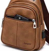 Мужская сумка слинг Jasper L99810-b бананка через плечо на 2 отделения с USB портом, нагрудная сумка Джаспер из искусственной кожи Коричневая