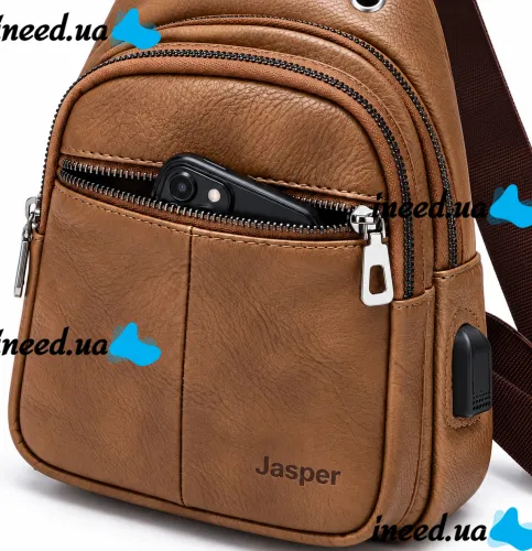 Мужская сумка слинг Jasper L99810-b бананка через плечо на 2 отделения с USB портом, нагрудная сумка Джаспер из искусственной кожи Коричневая