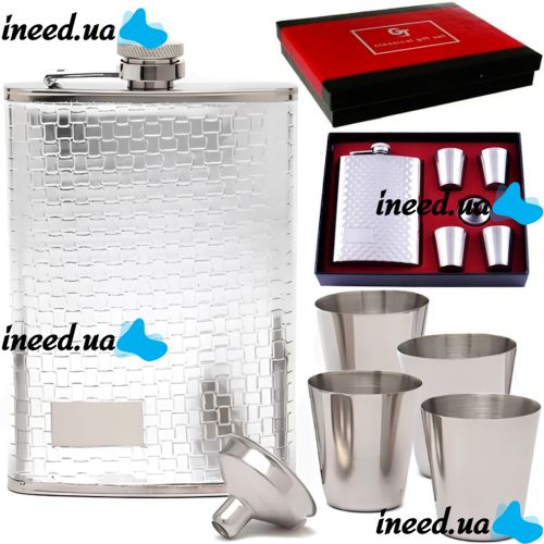 Gift men's set flask with stacks of Silver Gap GT-21-1 6 in 1 set, a 240 ml alcohol flask, a watering can and 4 30 ml stainless steel glasses