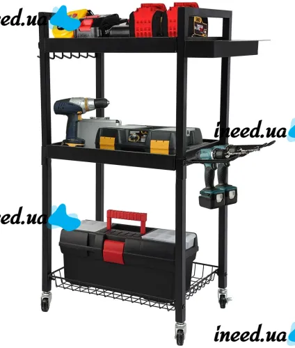 Carro MZY-857 3-tier tool cart, metal organizer rack on wheels for storing power tools and accessories