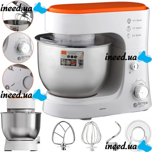 Kitchen planetary mixer Bitek BT-6611 with metal bowl 4 liters and attachments, stationary tabletop dough kneader 3000 watts