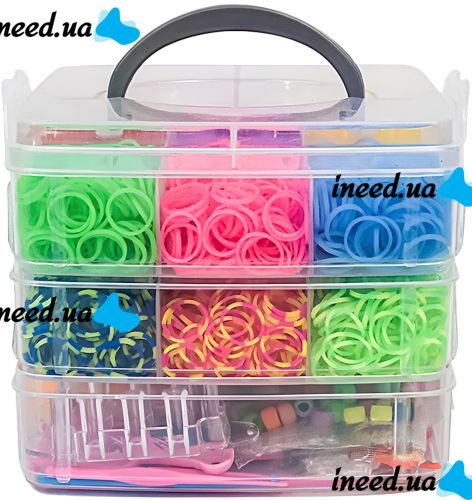 Набор резинок для плетения браслетов Band Accessory Case NR-1 комплект 3 яруса с крючком и держателем для рукоделия 1500 штук в кейсе от 3-х лет