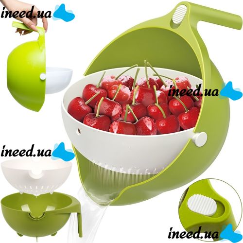 Подвійний друшляк з мискою Mesh Strainer Drain Basket JM-615 2 в 1 зливна миска-друшляк з ситом, пластиковий Ківш для миття фруктів і овочів Зелений