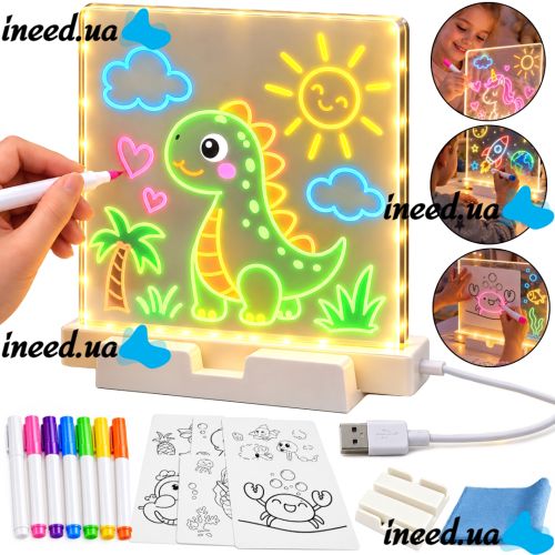 Acrylic LED Drawing Board T-466: LED Table Lamp on a Stand with Backlight and Markers for Notes, 15 x 15 cm, USB