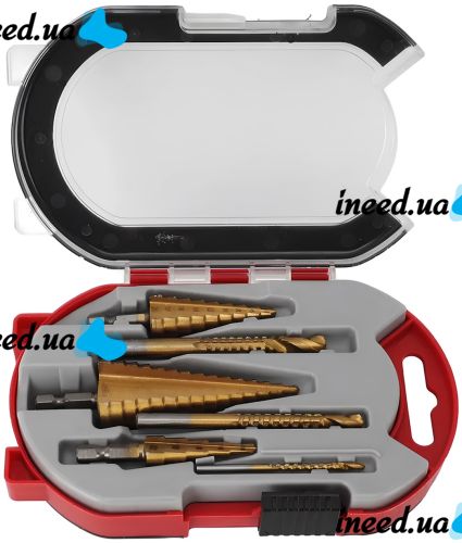 Set of Satra S-SDS6 step taper drill bits 6 pieces 4-32 mm set of titanium coated metal cutters for drill and screwdriver in a case