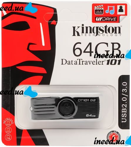 USB Flash 64GB флешка Kingston DataTraveler DT101 G2 флеш-накопичувач, карта пам'яті, USB-накопичувач для зберігання документів, фото та відео 64Гб