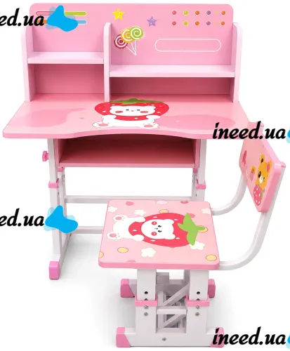 Bambi JU-5129 Convertible Children's Desk and Chair Set—Height-Adjustable Desk and Chair with Shelves and Backpack Holder, 26X-157, Pink