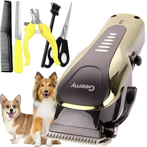 Gemei GM-6063 Cordless Pet Clipper Cordless Trimmer for Grooming Cats and Dogs with Attachments, Pliers and a Geemy Brush