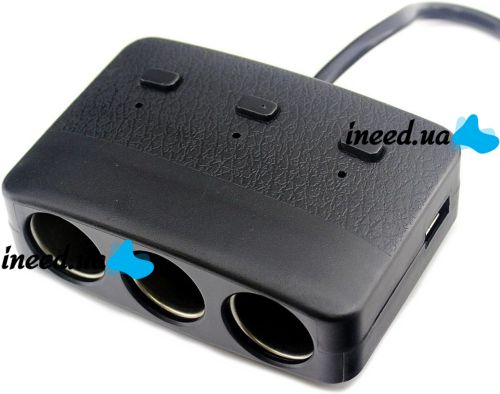 Автомобільний розгалужувач прикурювача Olesson 1636 на 3 гнізда з USB 2А для авто, трійник з кнопкою індикатором і кабелем в машину 12-24V Чорний