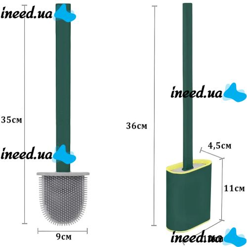 Toilet brush with a flexible silicone flat brush for cleaning the toilet bowl NJ-497 Green with wall mounting, hinged brush 10 x 4.5 x 36 cm