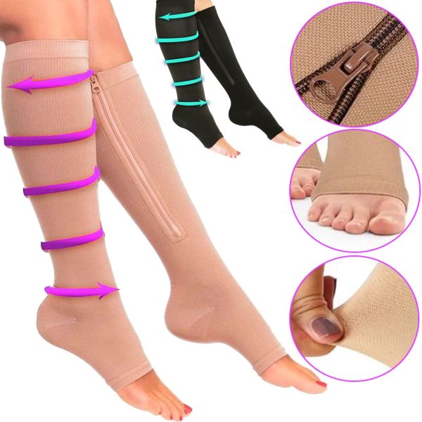 Компрессионные гольфы от варикоза Zip Sox, облегающие лечебные чулки, носки для фиксации лодыжек Зип Сокс со змейкой, Бежевые S/M, L/XL
