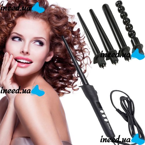 Kemei KM-4083 4-in-1 cone curling iron for curling hair, spiral styler with replaceable nozzles multi-styler with ceramic coating curling iron