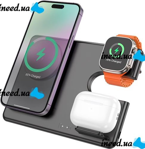 Wireless Charger Hoco Qi Geek Folding Black 3 in 1 Magnetic Charging Magsafe for Phone and Headphones IOS Android Type-C CQ1 Black