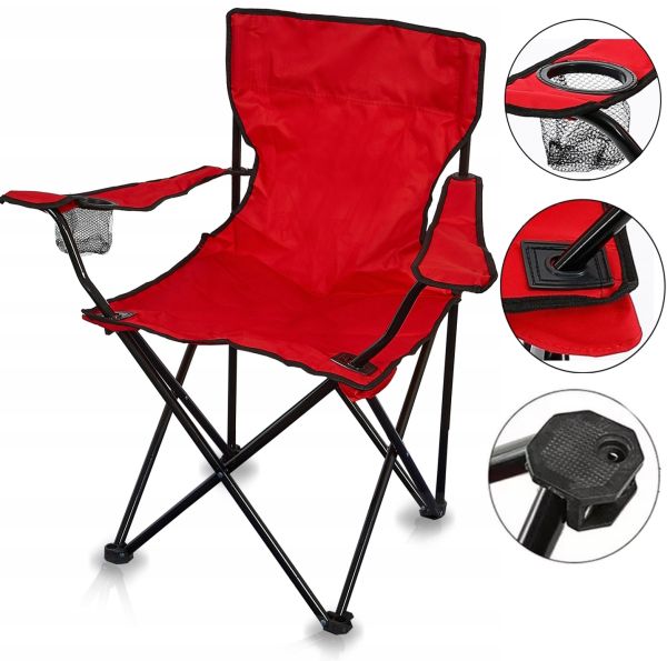 Folding universal Spider Red chair up to 150kg in a case Travel chair with backrest armrests and cup holder for fishing and camping