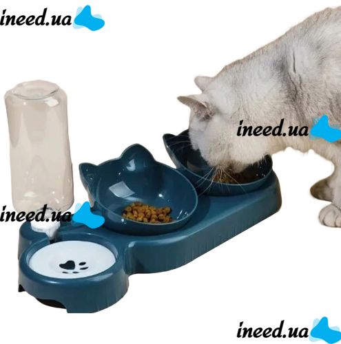 Потрійна годівниця для води з кормом Cat Bowl with Water Dispenser з автоматичною поїлкою 500мл для собак і кішок, поїлка з двома мисками для корму