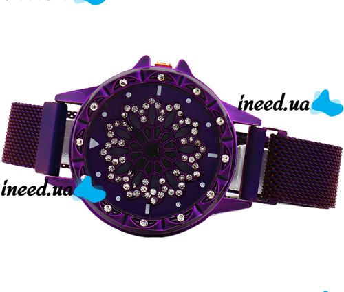Жіночий наручний годинник Flower Diamond Rotation Watch Purple WJ-8052 з обертовим роторним циферблатом і ремінцем на магнітній застібці Фіолетові