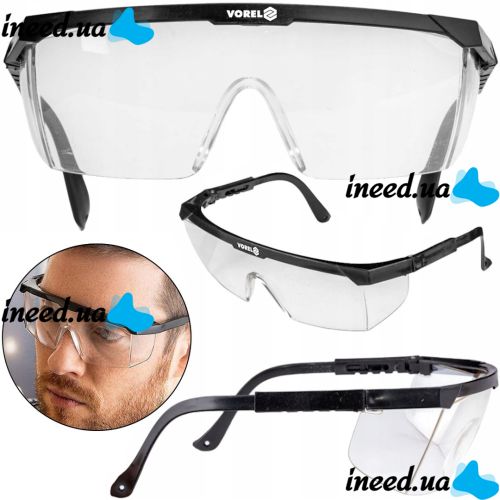 Vorel SG-007 open safety glasses are universal transparent glasses with UV protection made of polycarbonate to protect the eyes and face from damage