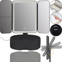 Desktop Triple Mirror Led Lighted WX-810 with Backlight and Organizer for Storing Cosmetics, Cosmetic Rechargeable with Magnification Black