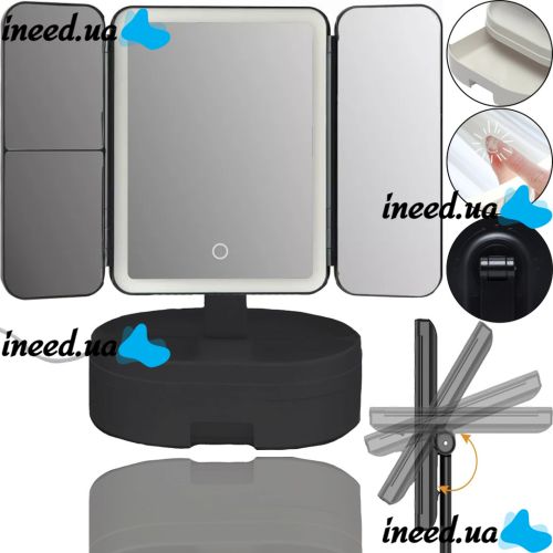 Desktop Triple Mirror Led Lighted WX-810 with Backlight and Organizer for Storing Cosmetics, Cosmetic Rechargeable with Magnification Black