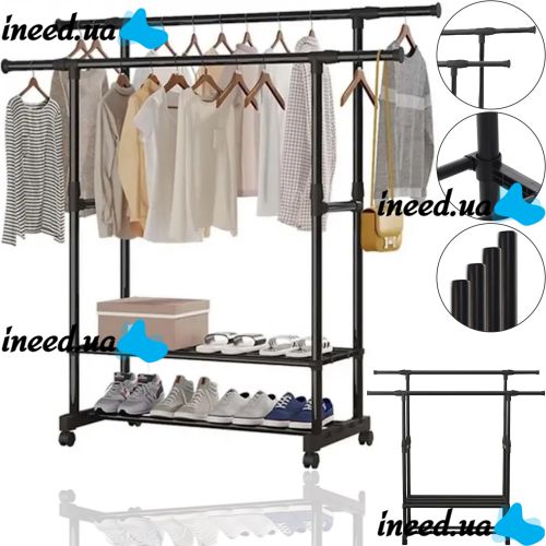 Подвійна телескопічна стійка Double Rack для зберігання одягу та взуття на коліщатках Підлогова пересувна вішалка 155х42х76см до 40кг Чорна