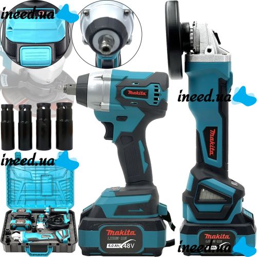 Battery pack for Makita 2in1 Wrench DTW385 Bulgarian DGA506ZPRO 48V 6Ah, A set of power tools for Makita 2 batteries with attachments in a case