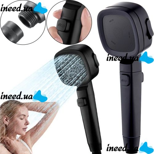 Квадратна насадка високого тиску Water Shower Head RD-3042 4 режими з кнопкою включення для душу, лійка з перемикачем і фільтром Чорна