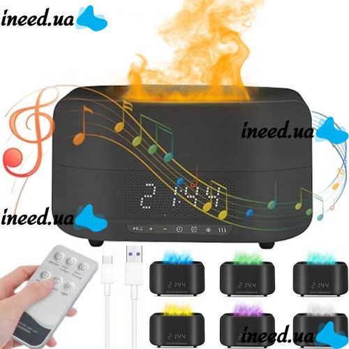 Ультразвуковий зволожувач повітря RGB Flame Aroma Humidifier H115A з ефектом полум'я Bluetooth колонка з LED годинами Аромадифузор нічник з пультом